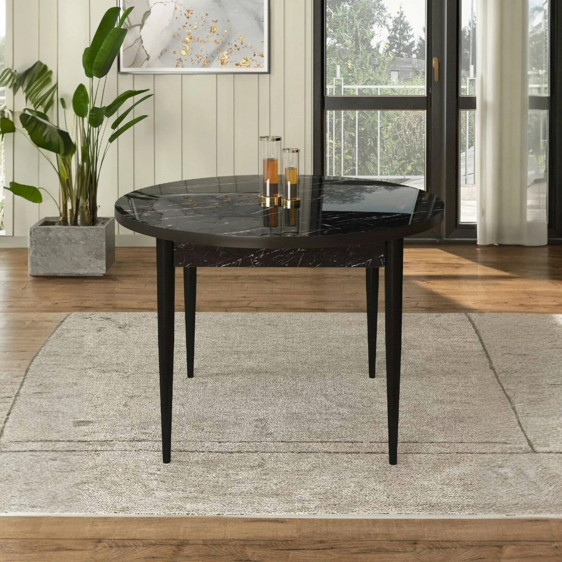 Table à manger ronde noire décor marbréØ90 cm LUNOR
