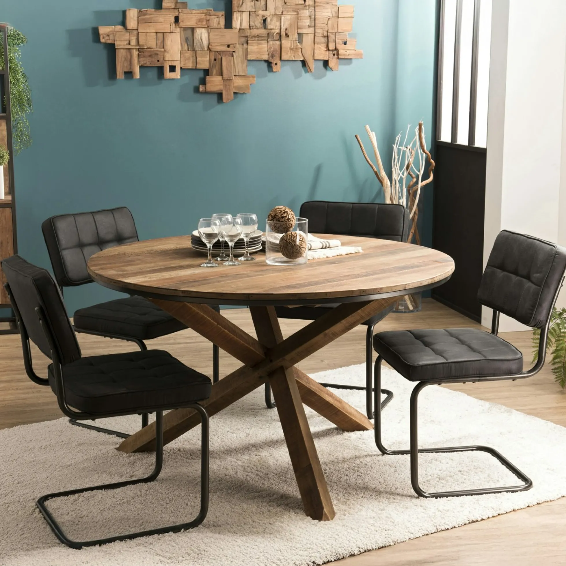 Table à manger ronde teck recyclé D130 SWING