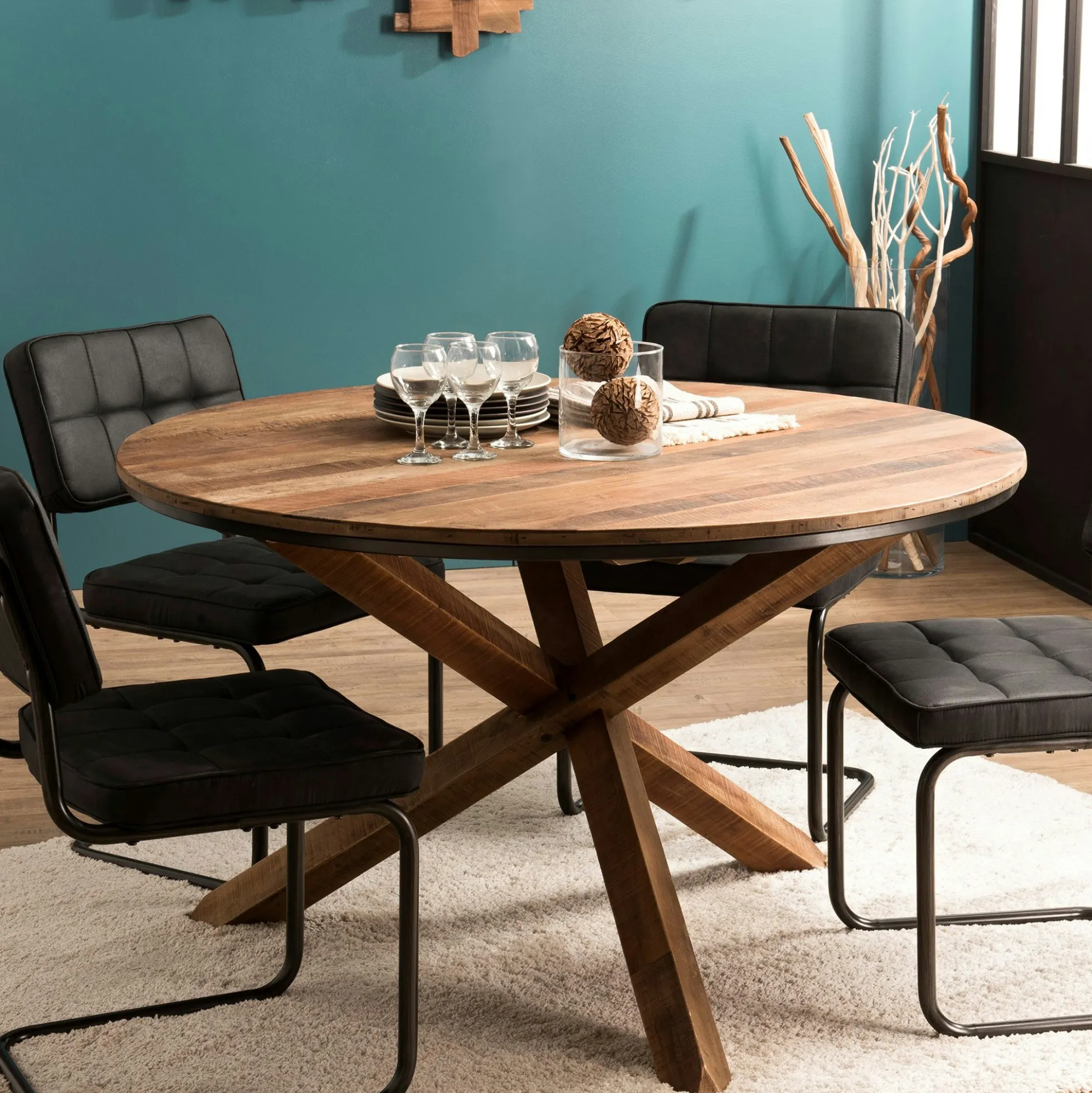 Table à manger ronde teck recyclé D130 SWING