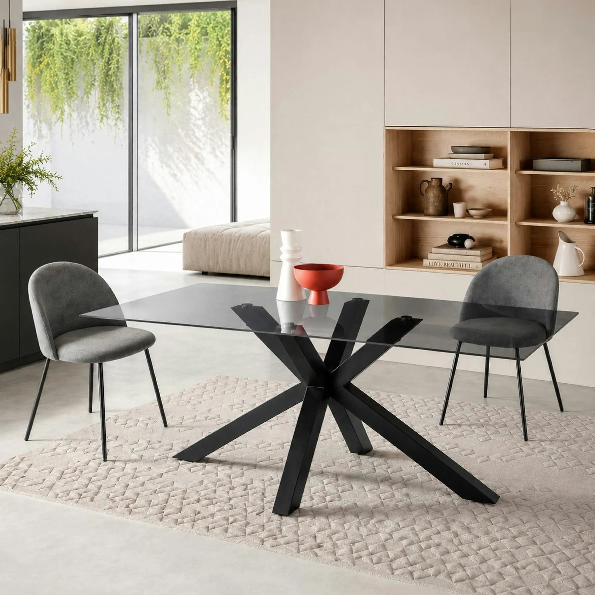 Table à manger verre fumé pied central 180 cm ALBA