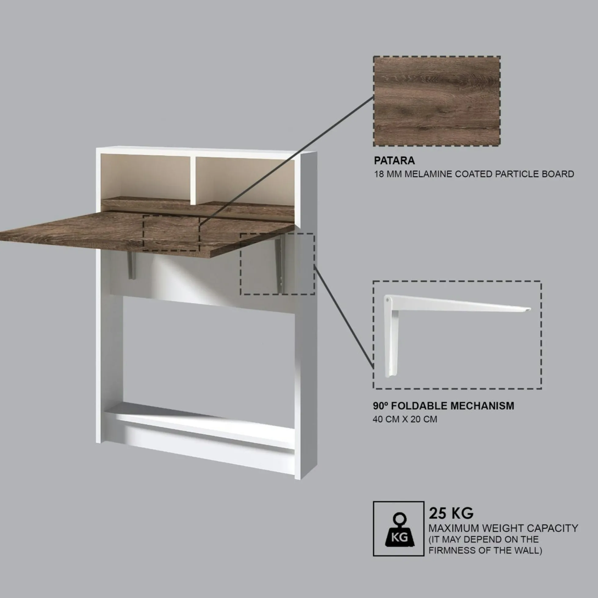 Table murale pliante effet bois foncé avec niches MARFA