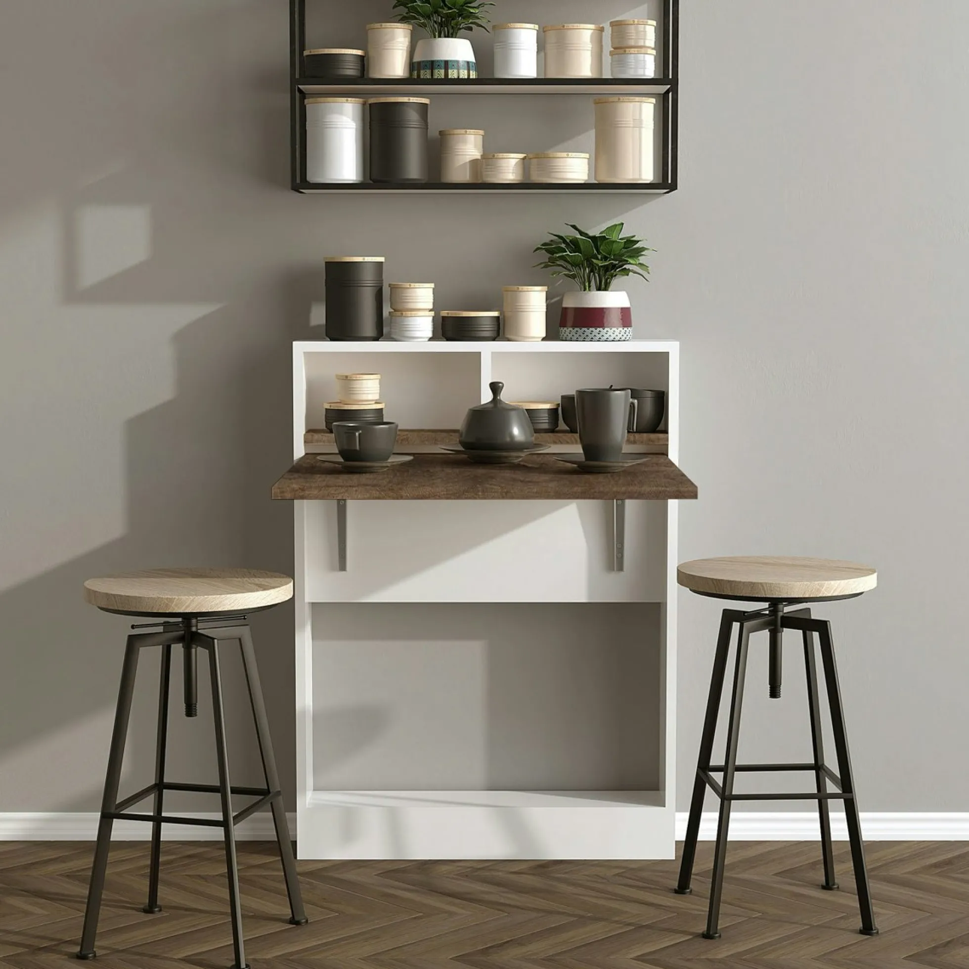 Table murale pliante effet bois foncé avec niches MARFA