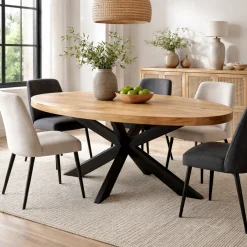 Table ovale bois clair pied croisé métal noir 210 cm RIVANO