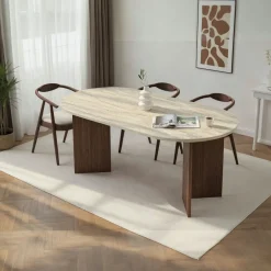 Table ovale effet travertin et bois foncé 180 cm MARFA