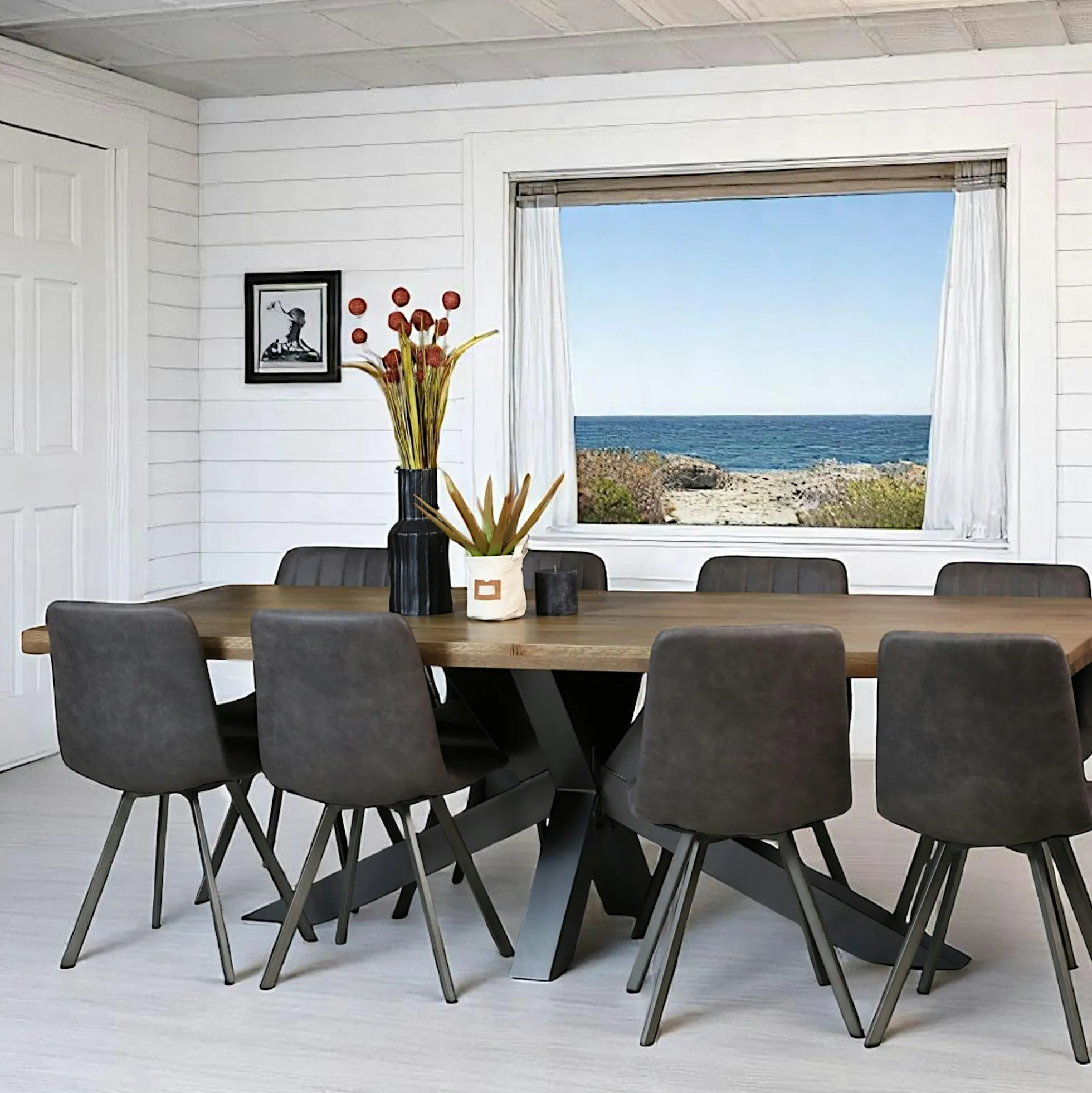 Table pied central bois de chêne et métal 240 cm HUDSON