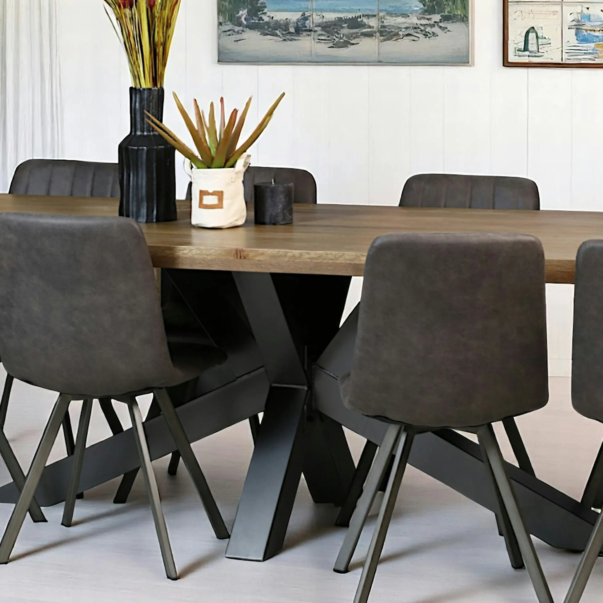Table pied central bois de chêne et métal 240 cm HUDSON
