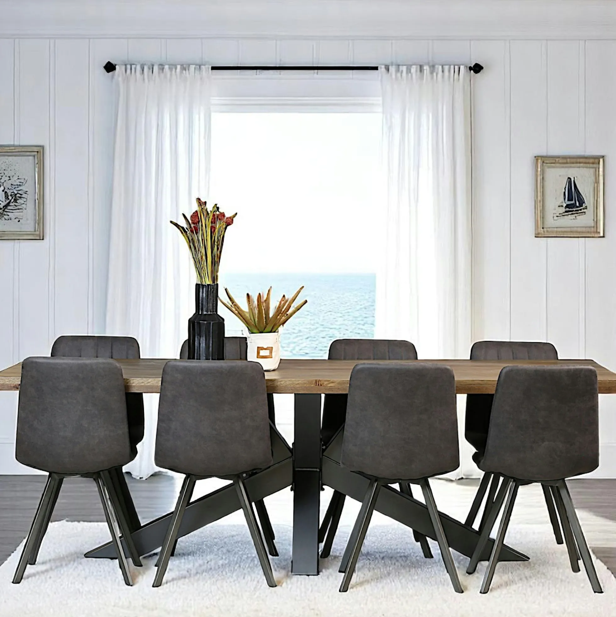 Table pied central bois de chêne et métal 240 cm HUDSON