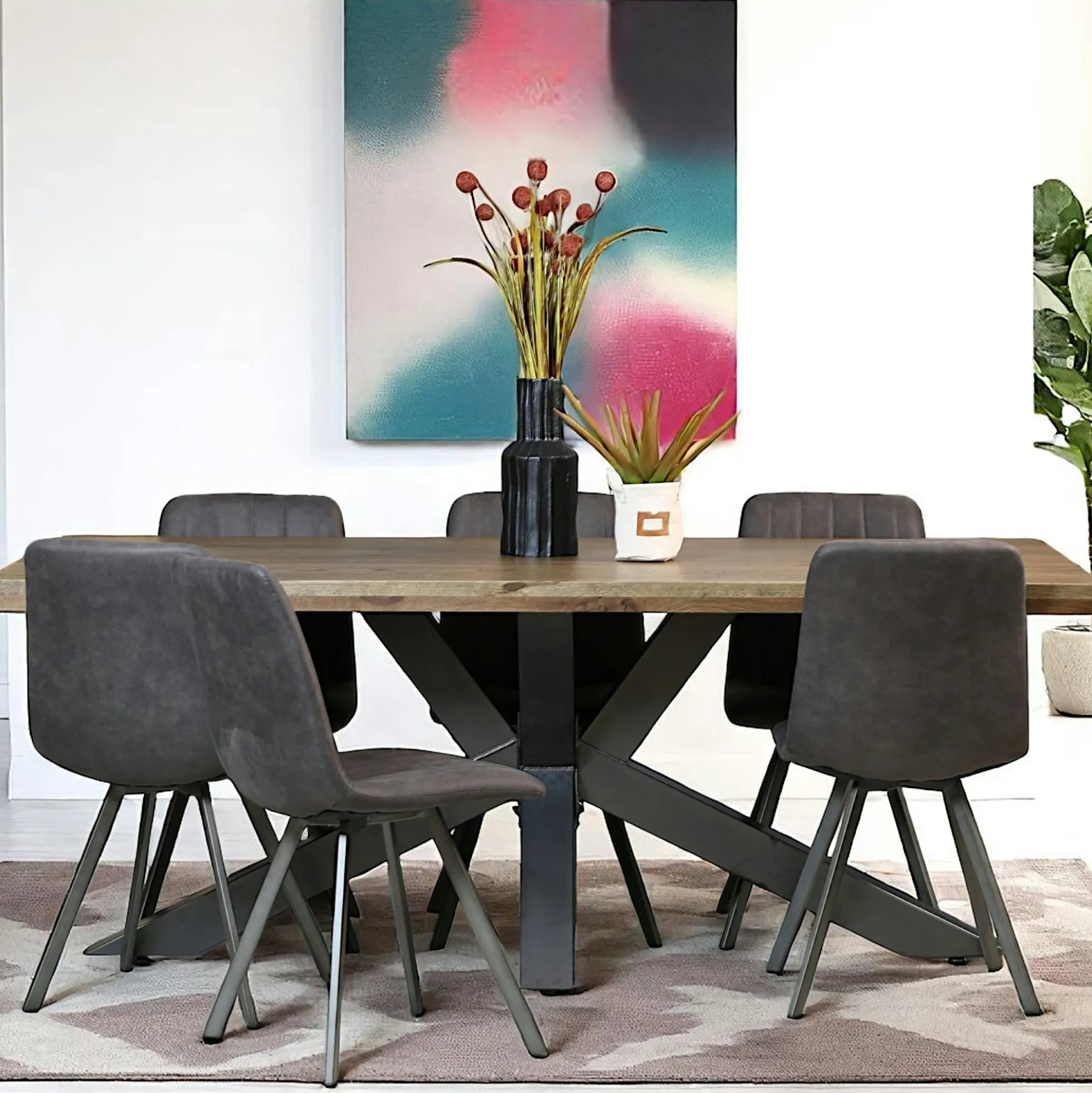 Table pied central bois de chêne et métal 200 cm HUDSON