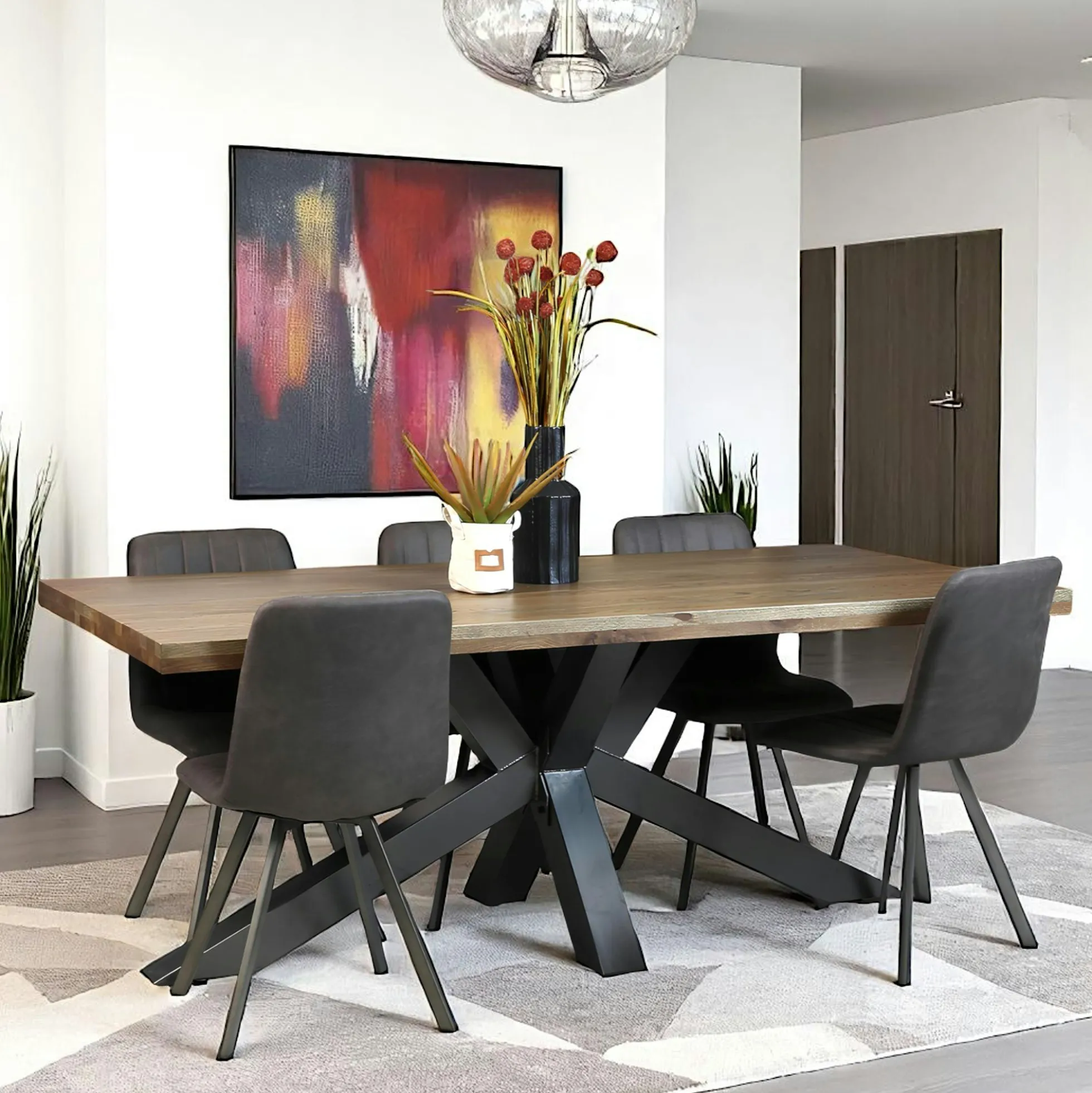 Table pied central bois de chêne et métal 200 cm HUDSON