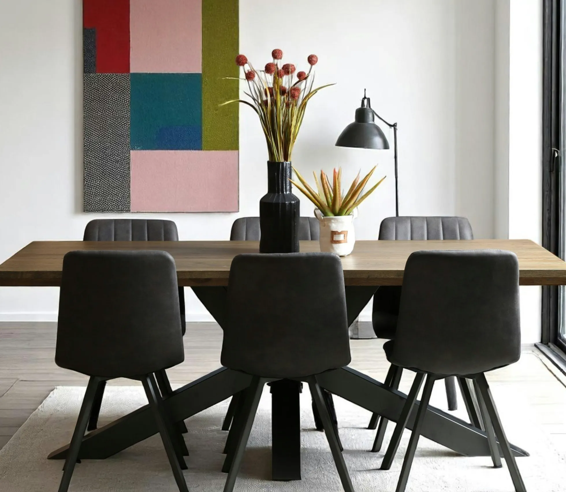 Table pied central bois de chêne et métal 200 cm HUDSON