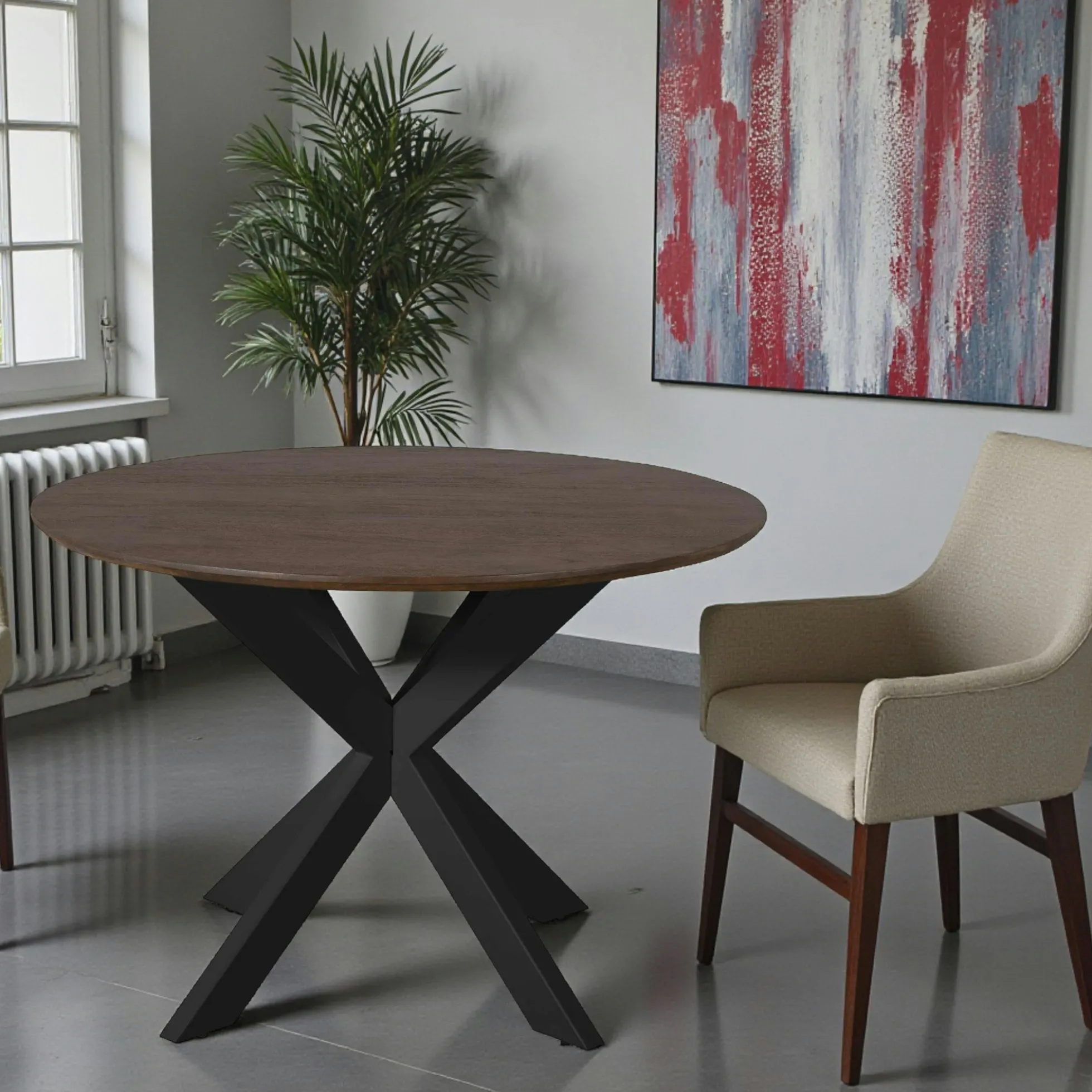 Table ronde bois brun pied noir Ø110 cm CORTINA