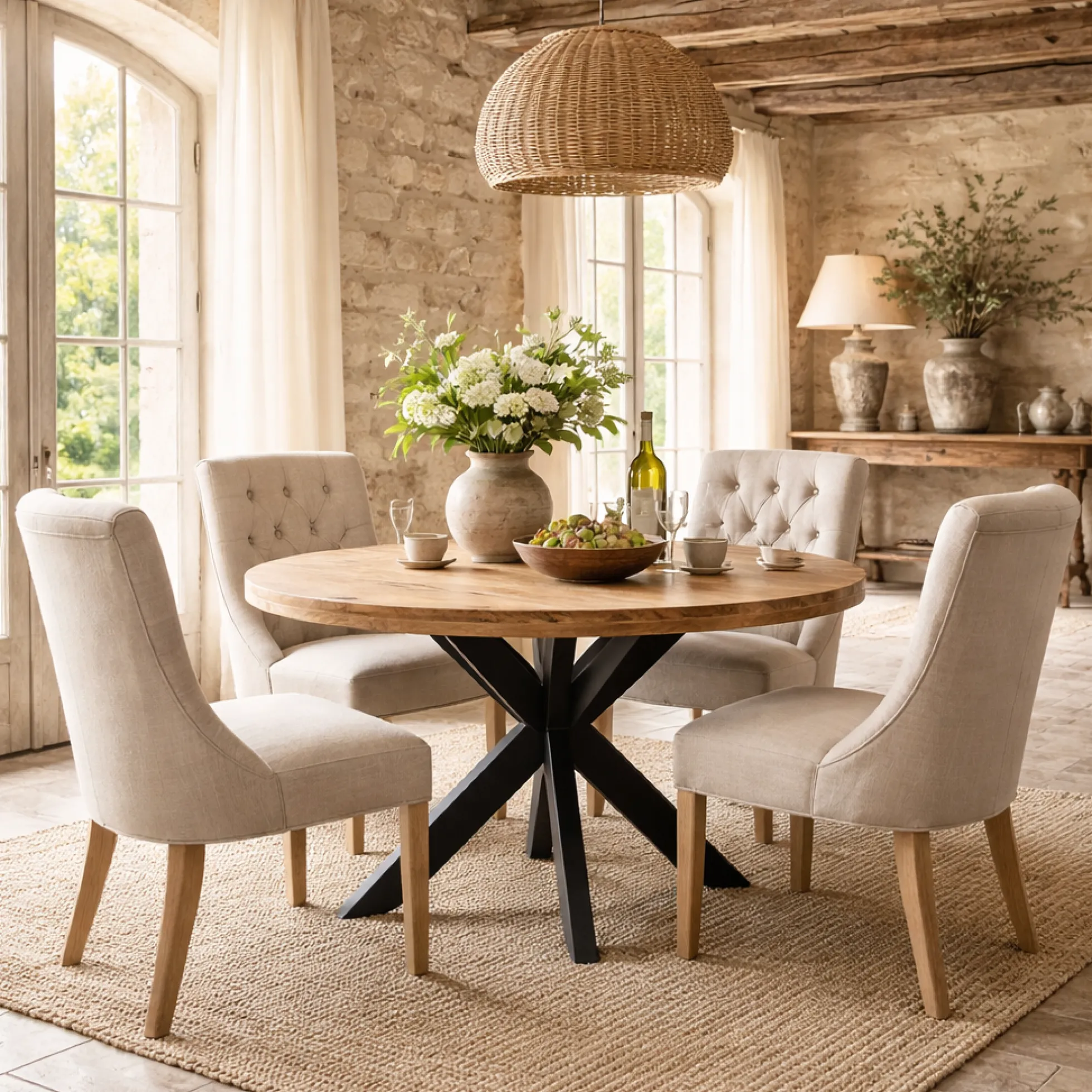 Table ronde bois clair pied croisé métal noir Ø110 cm RIVANO