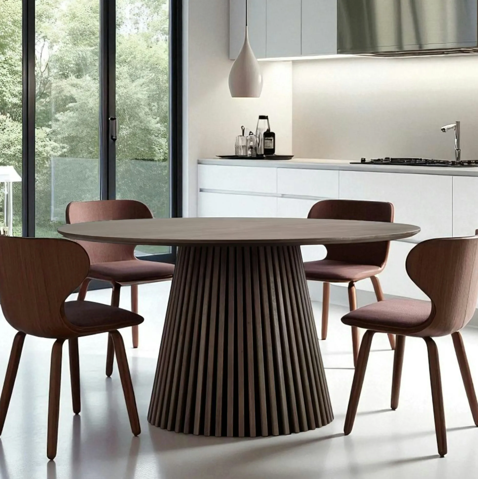 Table ronde en chêne brun avec piètement baguette ø120 cm AMSTERDAM