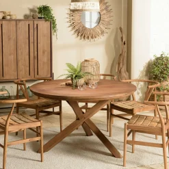Table ronde en teck massif recyclé 130 cm pied croisé bois SWING