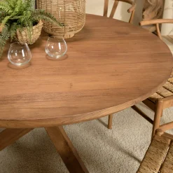 Table ronde en teck massif recyclé 130 cm pied croisé bois SWING