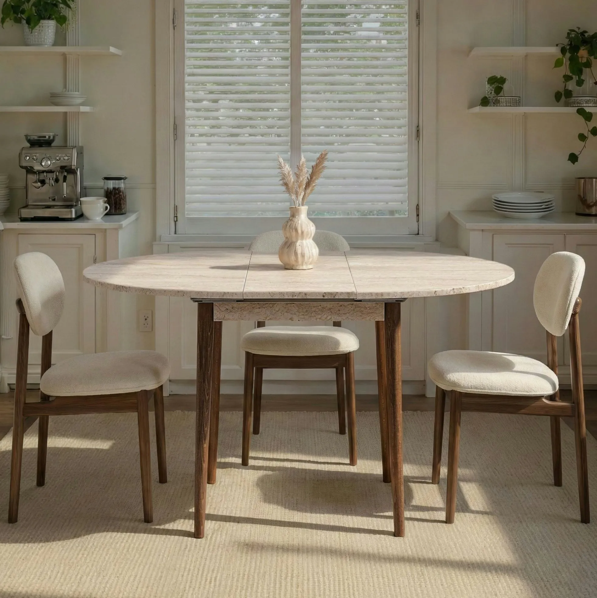 Table ronde extensible effet travertin et noyer 100-131 cm MARFA