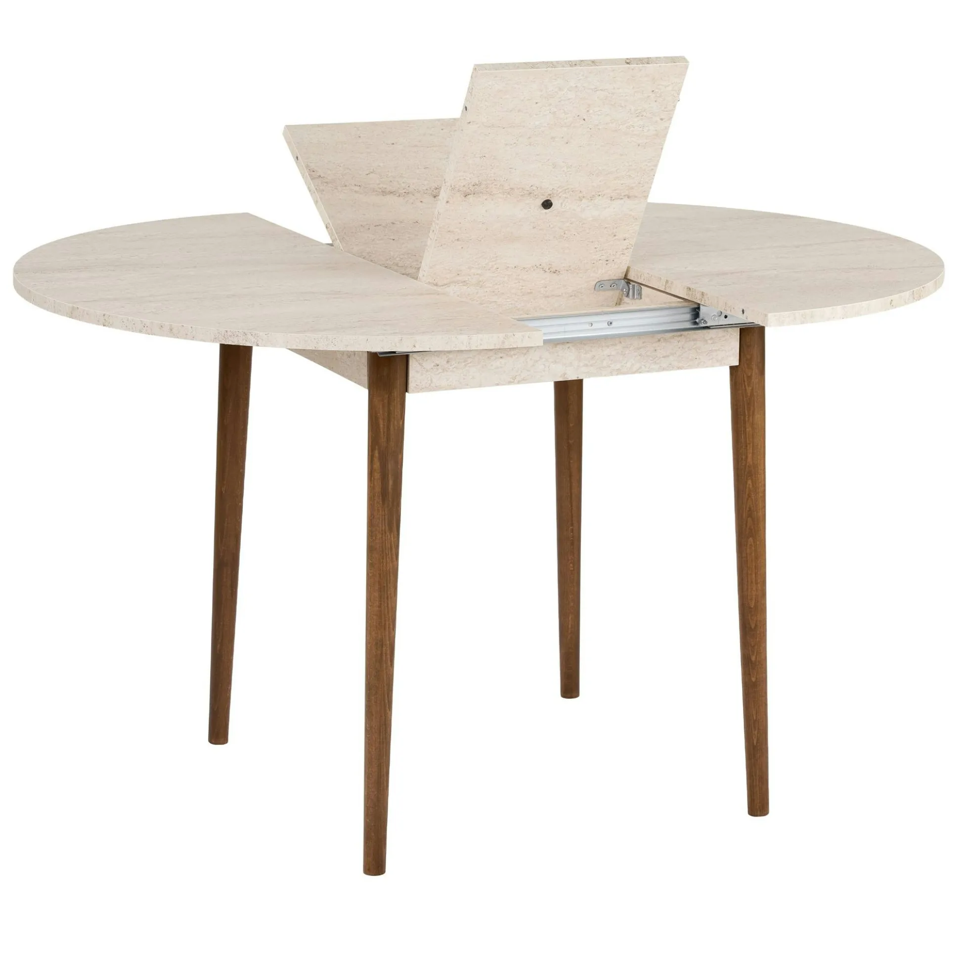 Table ronde extensible effet travertin et noyer 100-131 cm MARFA