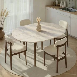 Table ronde extensible effet travertin et noyer 100-131 cm MARFA