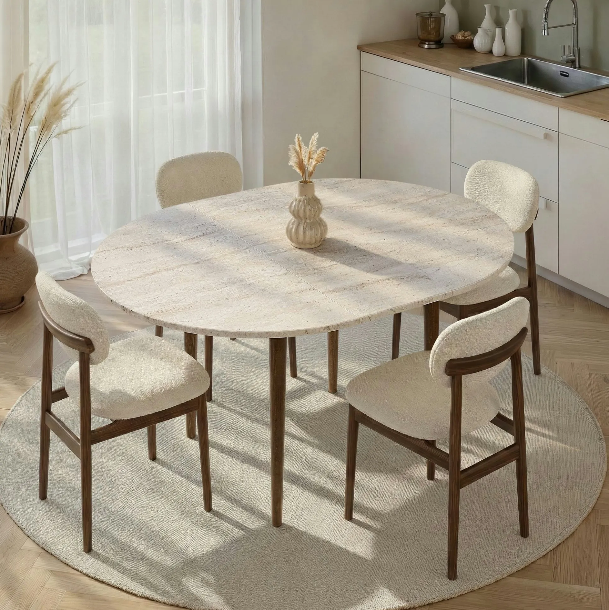 Table ronde extensible effet travertin et noyer 100-131 cm MARFA