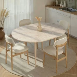 Table ronde extensible effet travertin et bois 100-131 cm MARFA