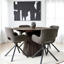 Table ronde extensible en chêne brun avec piètement baguette (2 rallonges incluses) ø120 cm / 160 cm / 200 cm AMSTERDAM