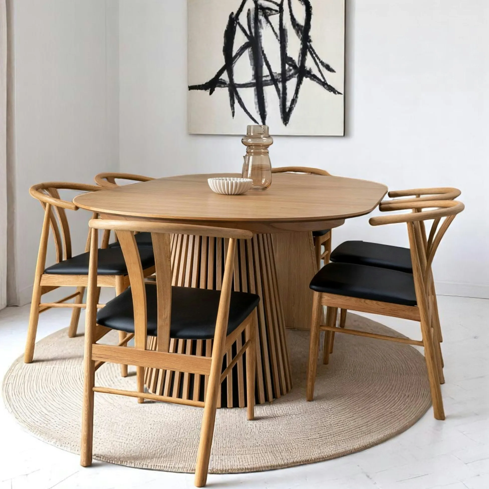 Table ronde extensible en chêne clair avec piètement baguette (2 rallonges incluses) ø120 cm / 160 cm / 200 cm AMSTERDAM
