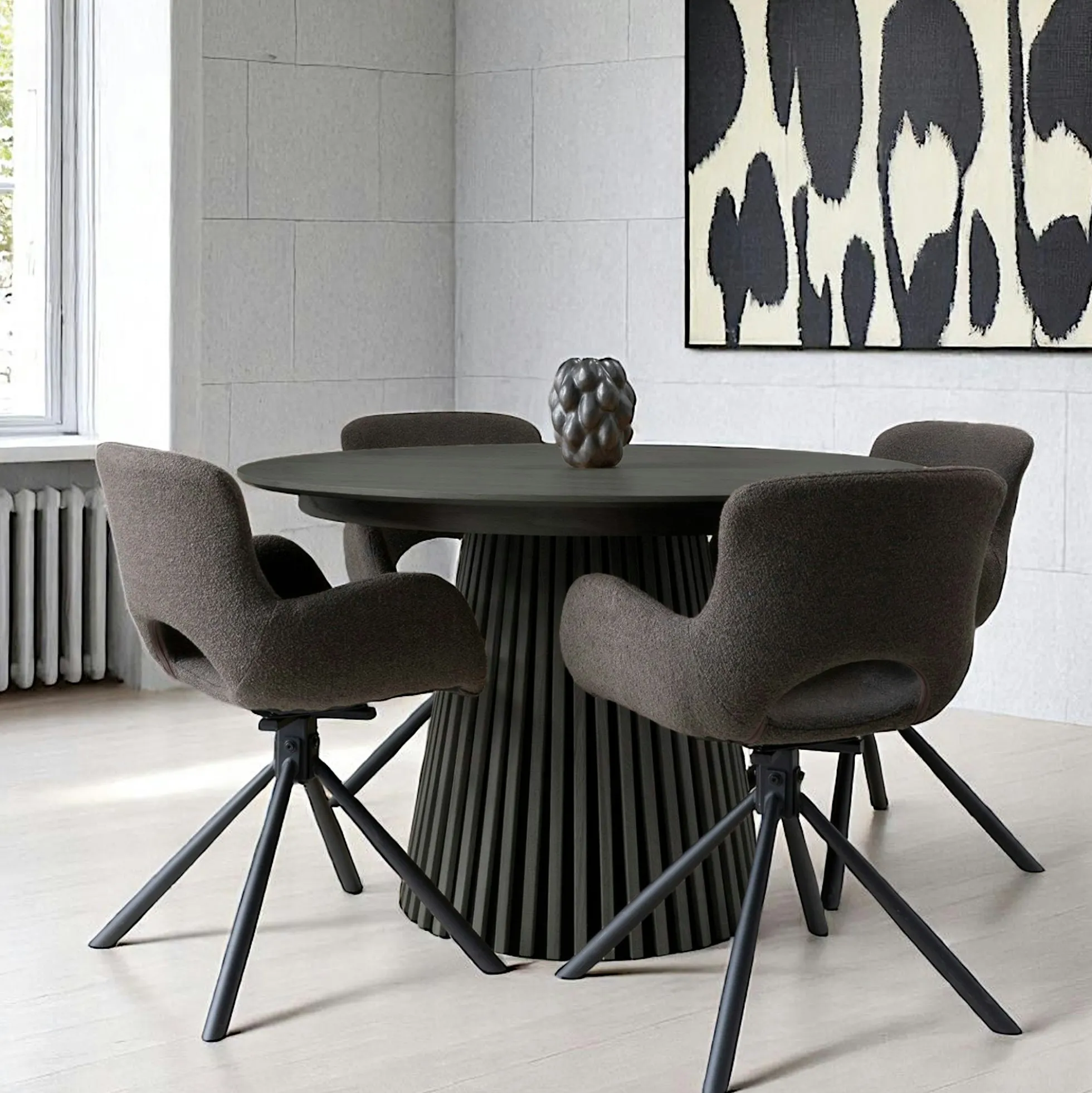 Table ronde extensible en chêne noir avec piètement baguette (2 rallonges incluses) ø120 cm / 160 cm / 200 cm AMSTERDAM