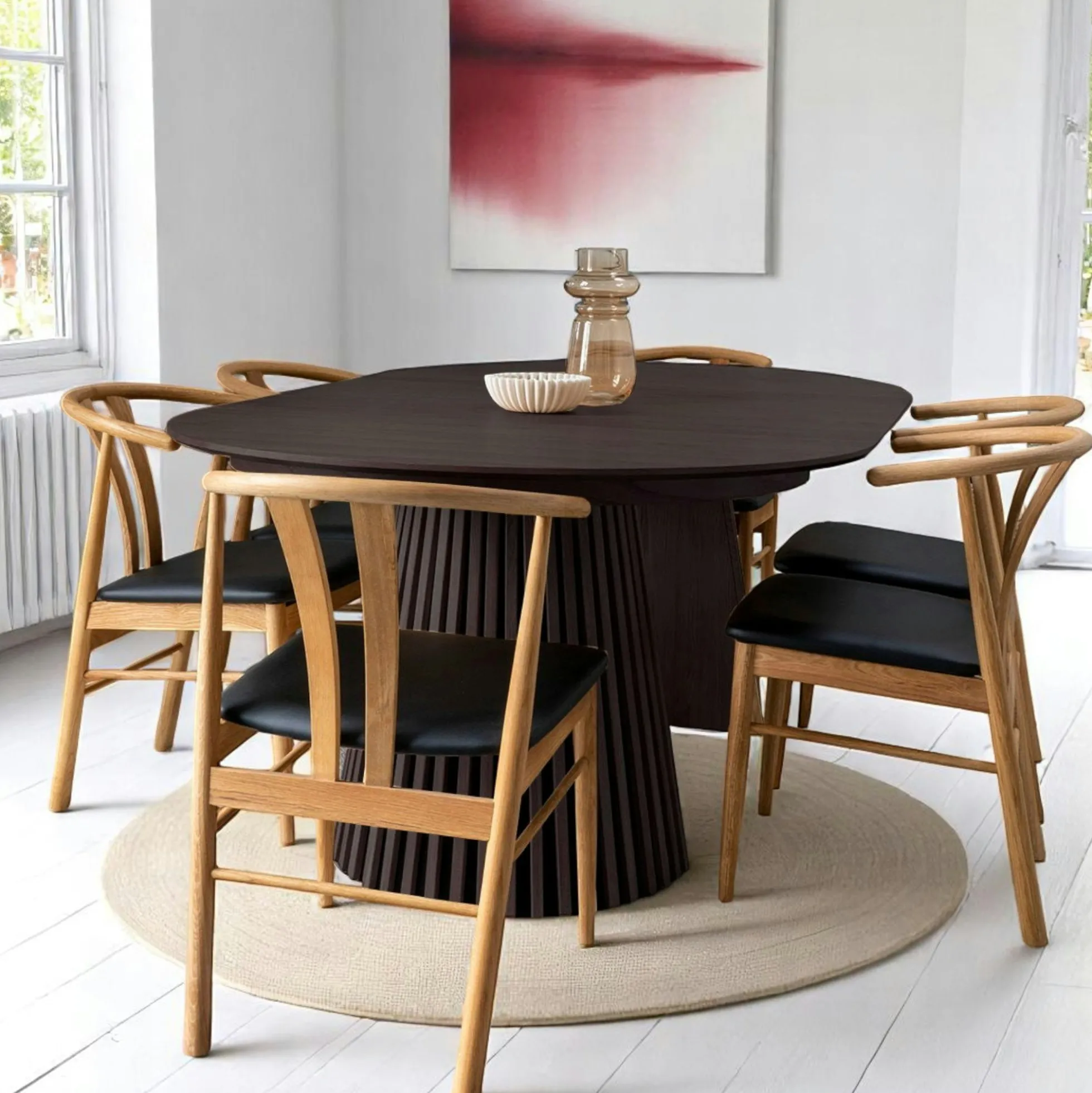 Table ronde extensible en chêne noir avec piètement baguette (3 rallonges incluses) ø120 cm /160 cm / 200 cm / 240 cm AMSTERDAM