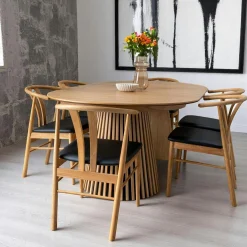 Table ronde extensible en chêne clair avec piètement baguette (3 rallonges incluses) ø120 cm /160 cm / 200 cm / 240 cm AMSTERDAM