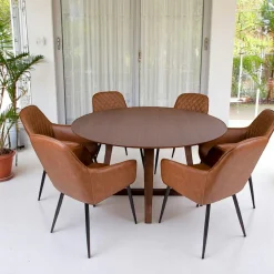 Table ronde vintage en placage noyer Ø137 cm LILLEHAMMER