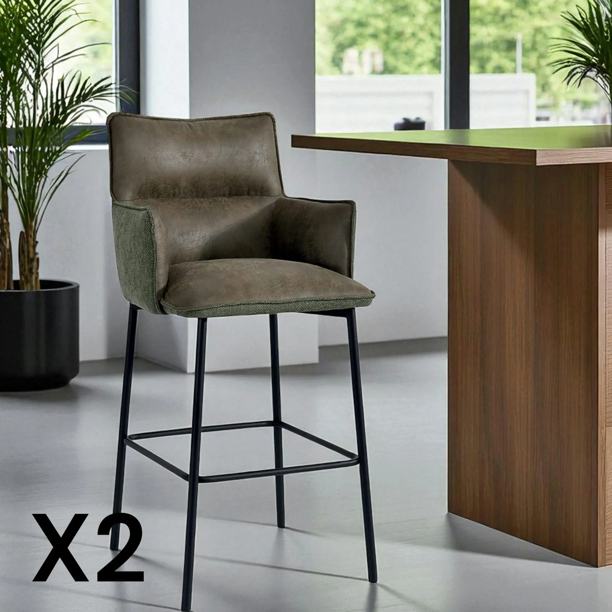 Tabouret bar bi-matière vert avec dossier (lot de 2) KERALA