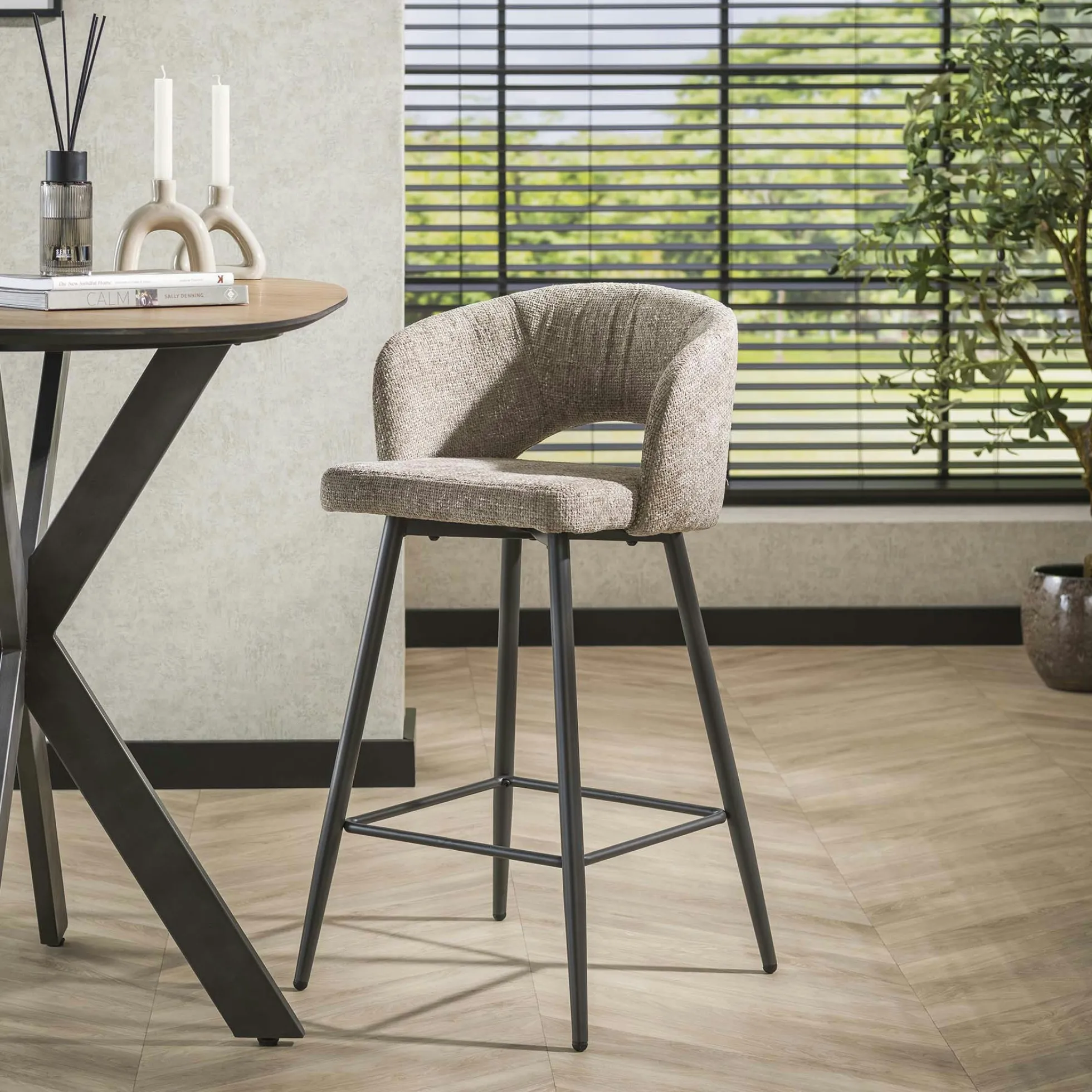Tabouret de bar beige sable en velours tissé avec dossier ouvert (lot de 2) GALWAY