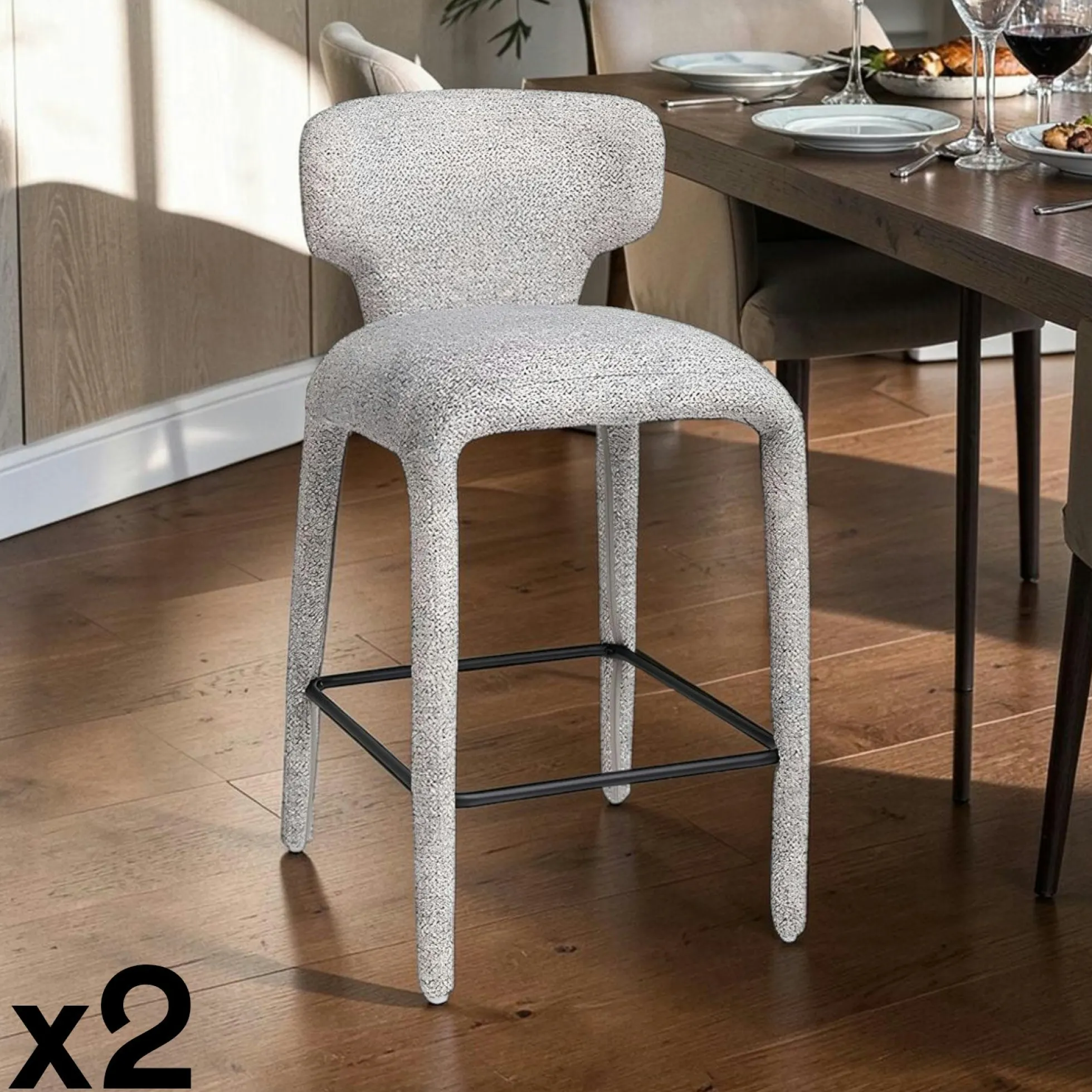 Tabouret de bar design en tissu gris avec dossier (x2) TULSA