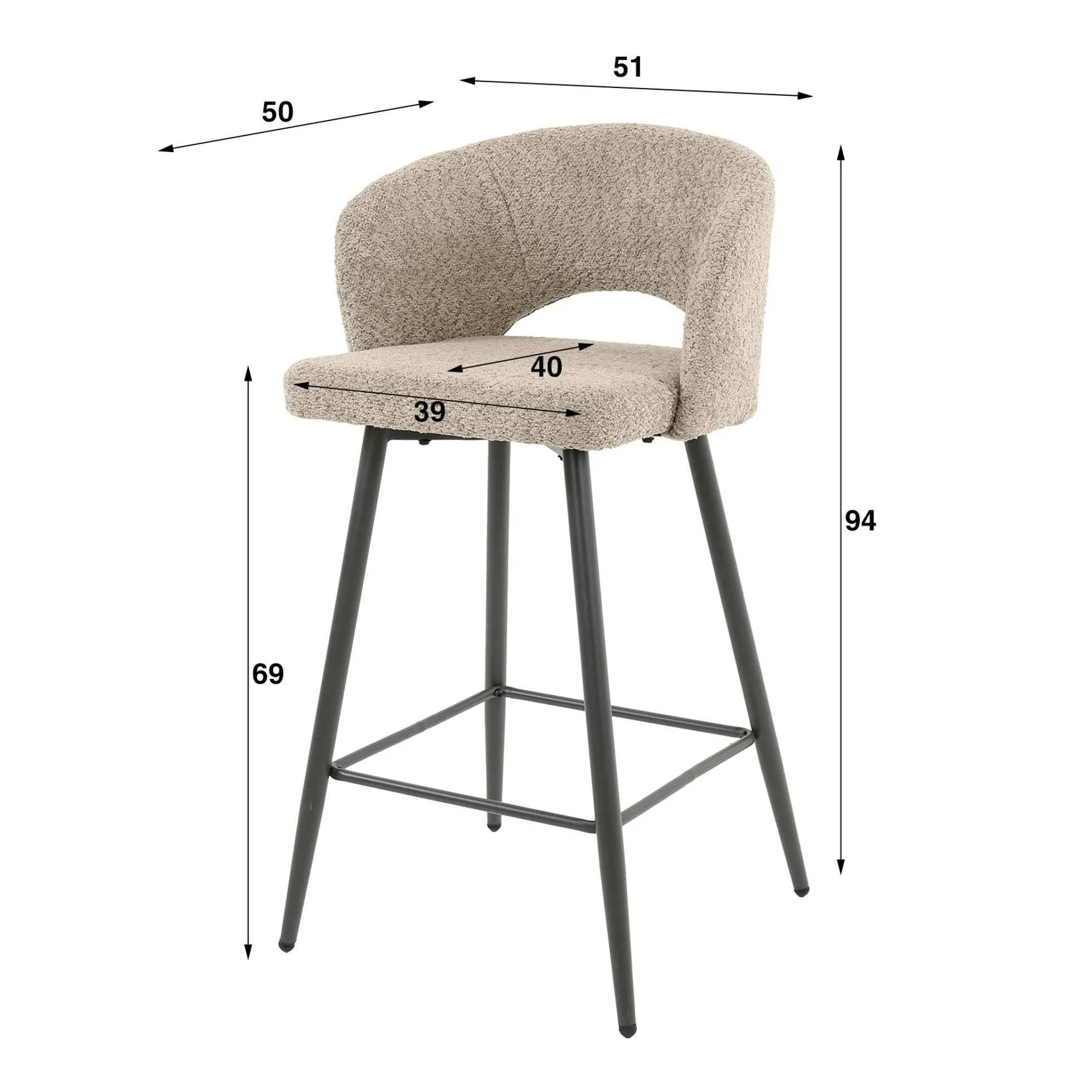 Tabouret de bar en tissu bouclette blanc avec dossier ouvert (lot de 2) GALWAY