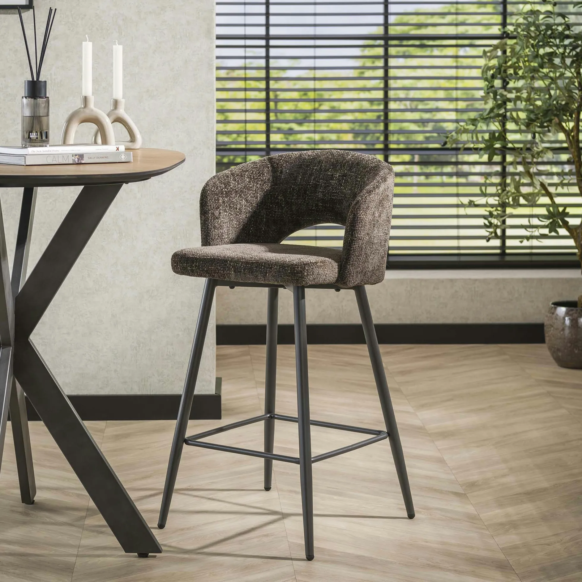 Tabouret de bar marron en velours tissé avec dossier ouvert (lot de 2) GALWAY