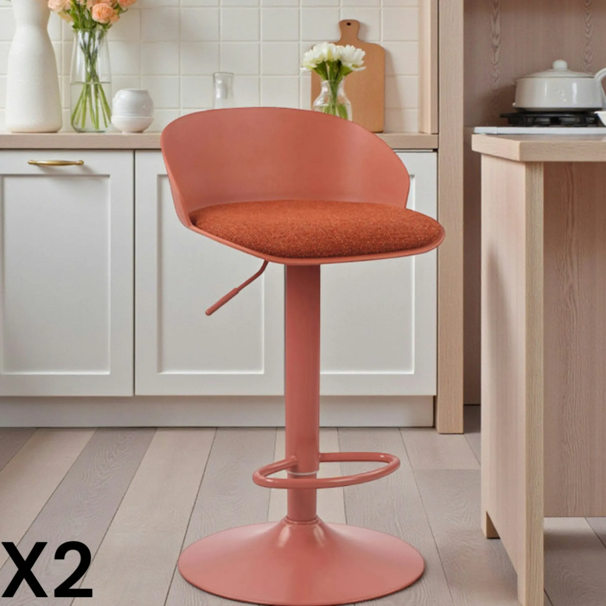Tabouret de bar réglable métal et tissu terracotta (lot de 2) LEEDS