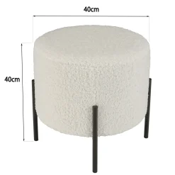 Tabouret de salon rond blanc tissu bouclettes TIM