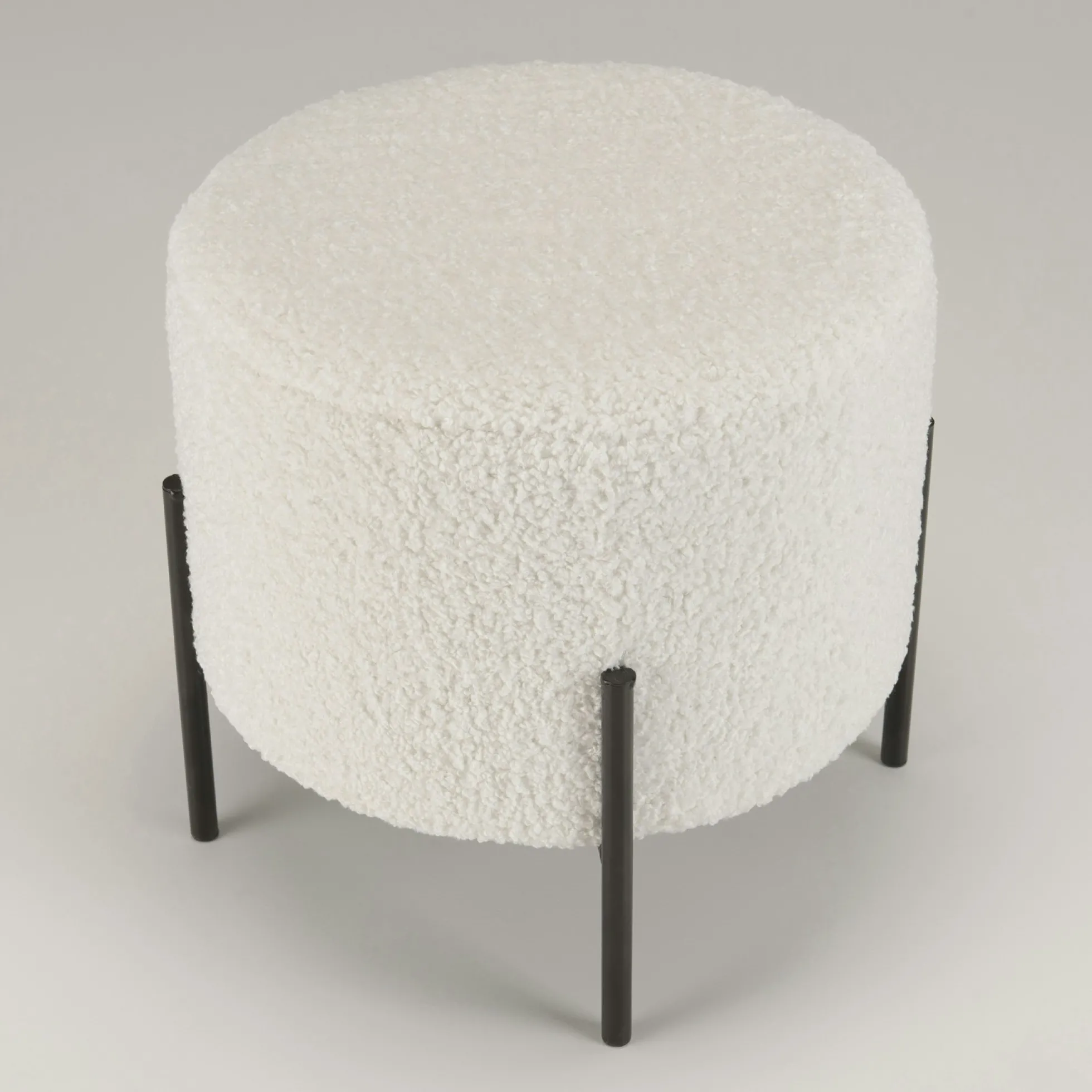 Tabouret de salon rond blanc tissu bouclettes TIM
