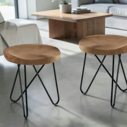 Tabouret en teck massif avec 3 pieds en épingle métal noir D40xH43cm TOWN
