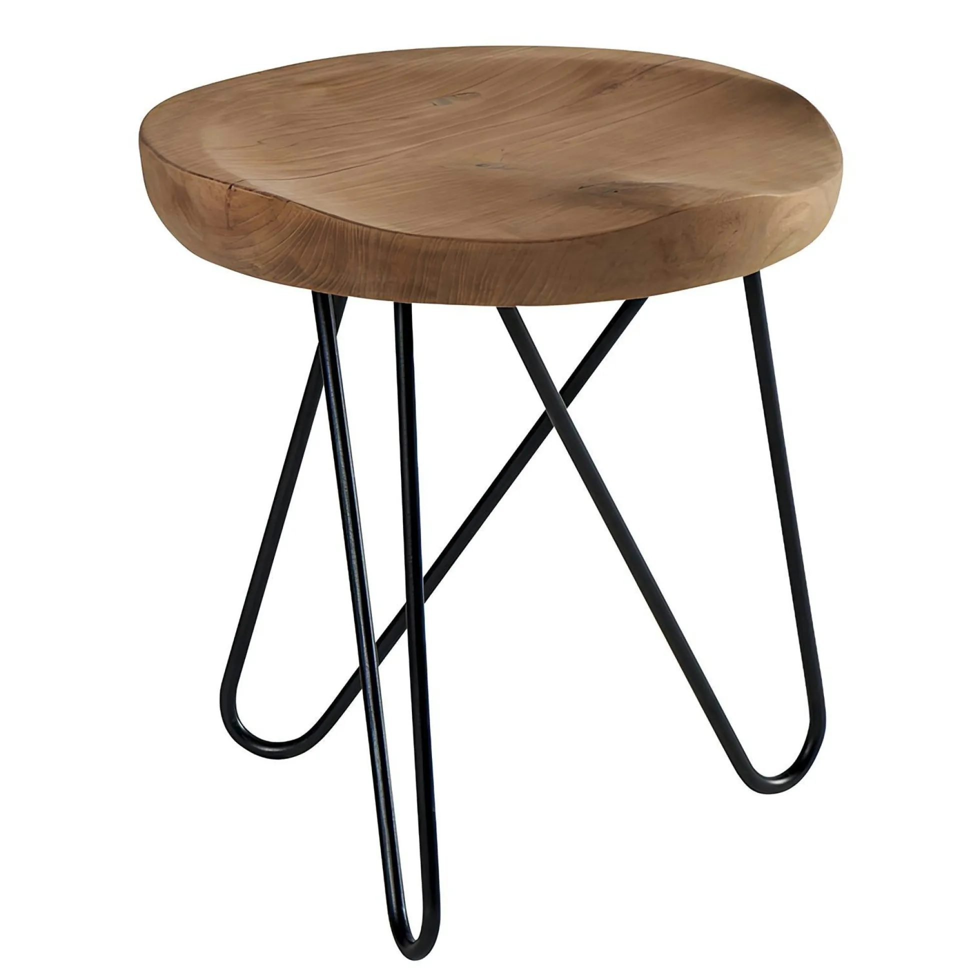 Tabouret en teck massif avec 3 pieds en épingle métal noir D40xH43cm TOWN