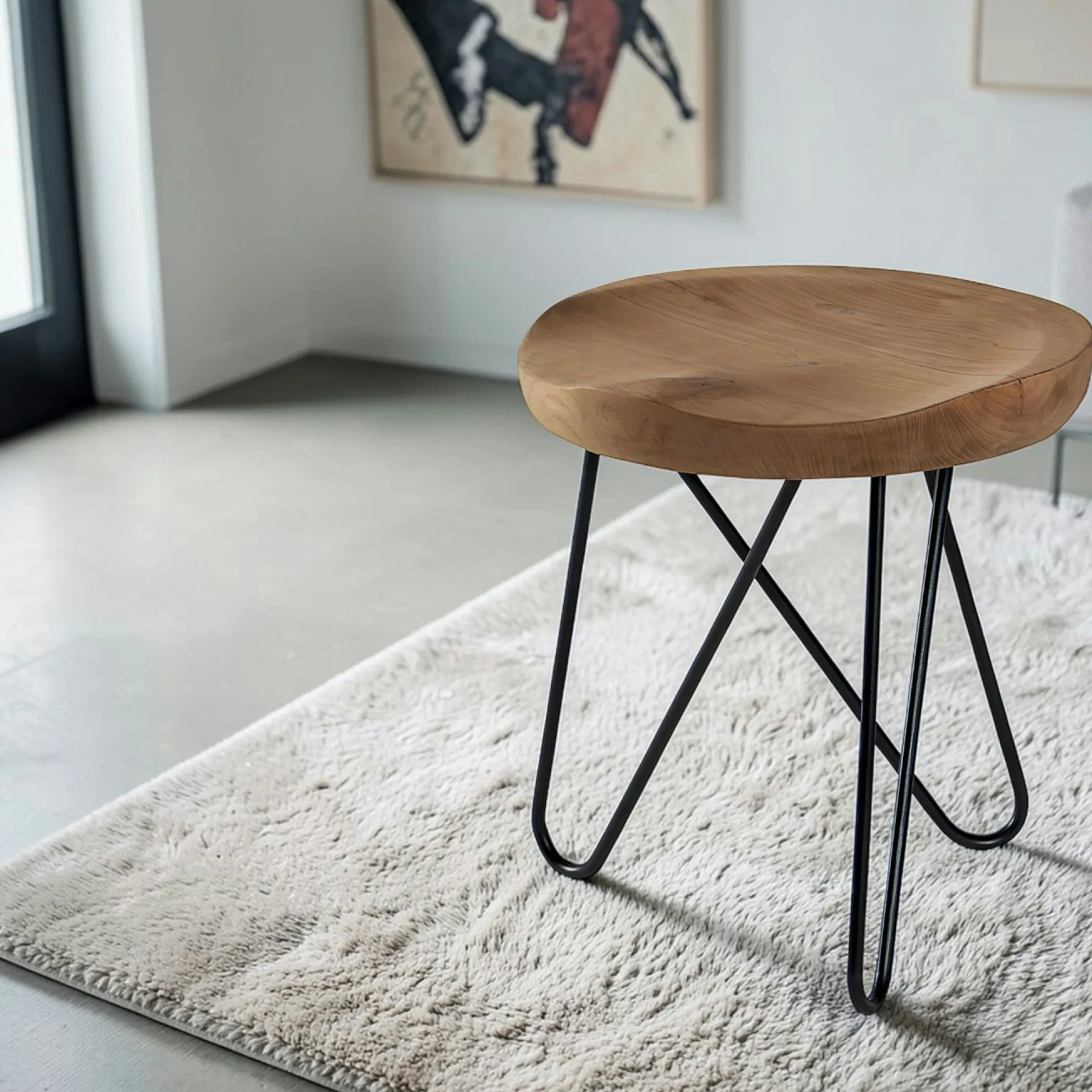 Tabouret en teck massif avec 3 pieds en épingle métal noir D40xH43cm TOWN