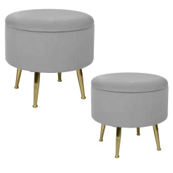 Tabouret pouf rond tissu gris pieds dorés TIM (lotde 2)