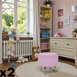 Tabouret pouf rond tissu rose pieds dorés TIM(lotde 2)