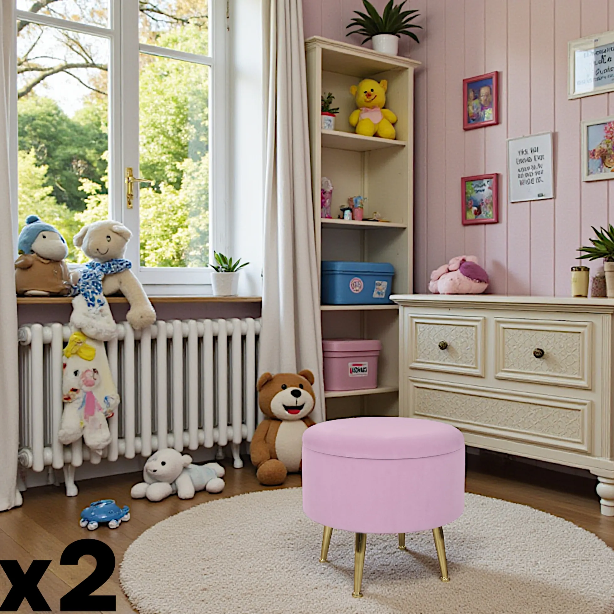 Tabouret pouf rond tissu rose pieds dorés TIM(lotde 2)