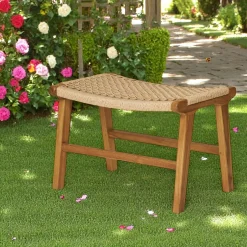Tabouret repose-pieds en teck et fibre naturelle tressée MENDOZA