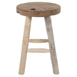 Tabouret rond en bois de teck avec 4 pieds - style campagne ARIZONA