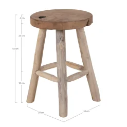 Tabouret rond en bois de teck avec 4 pieds - style campagne ARIZONA