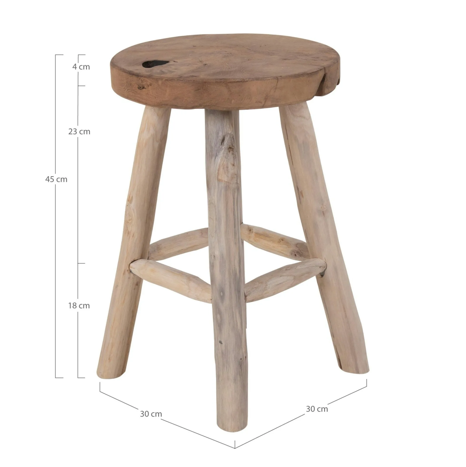 Tabouret rond en bois de teck avec 4 pieds - style campagne ARIZONA
