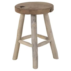 Tabouret rond en bois de teck avec 4 pieds - style campagne ARIZONA