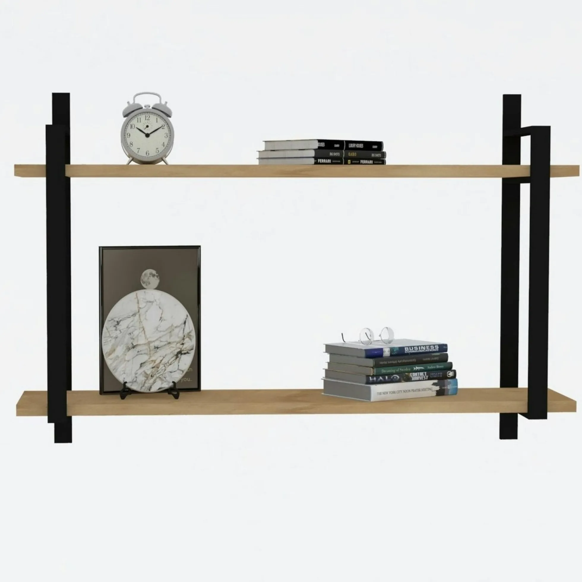 Étagère moderne décor bois 2 plateaux à cadres métal JENA